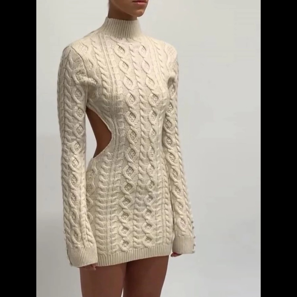 Dreamy Cable Knit Cream Open Back Sweater Dress - Picture 8 of 15